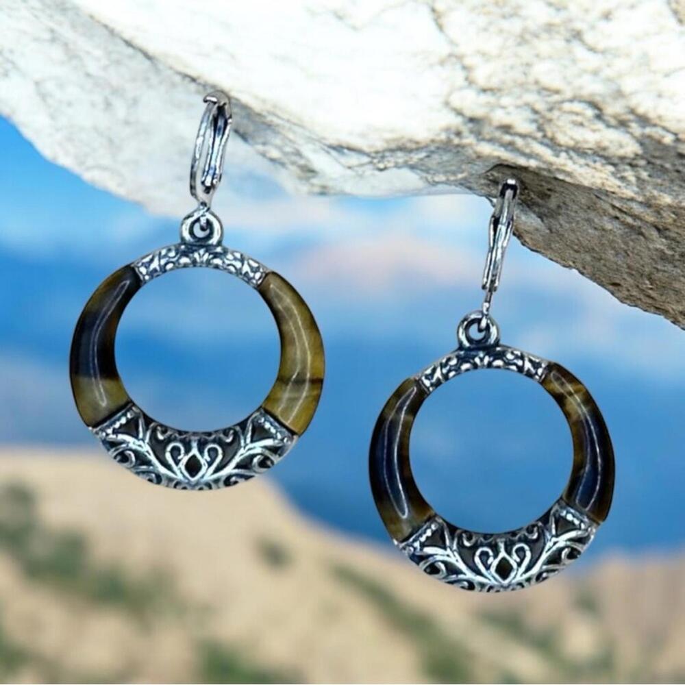 Vintage Style Tiger's Eye and Silver Hoop Earrings
